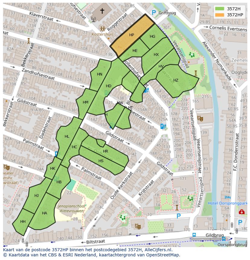 Afbeelding van het postcodegebied 3572 HP op de kaart.