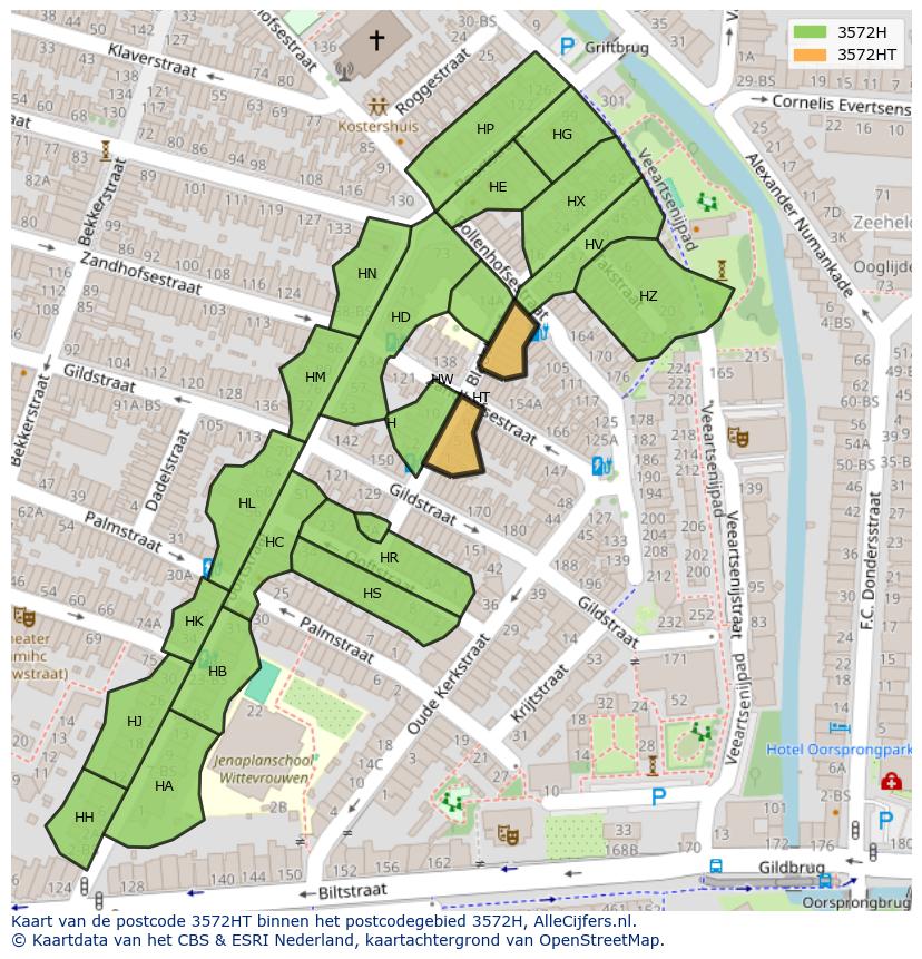 Afbeelding van het postcodegebied 3572 HT op de kaart.