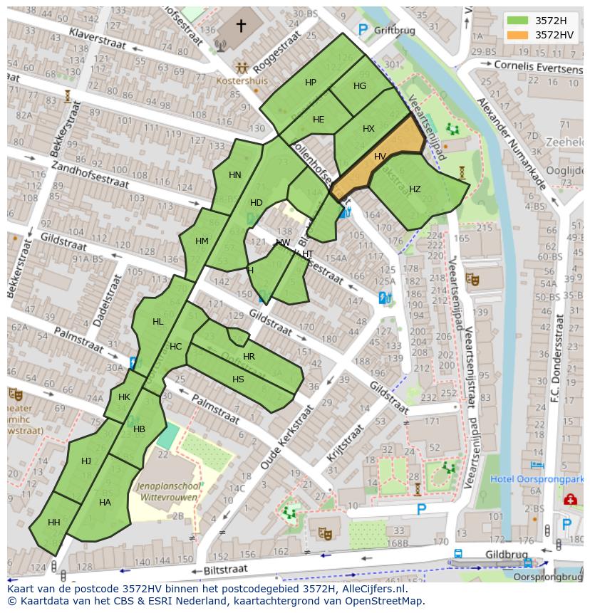 Afbeelding van het postcodegebied 3572 HV op de kaart.