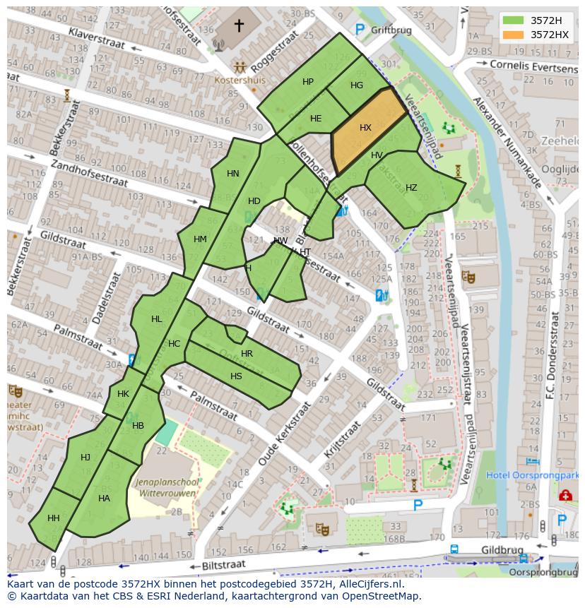 Afbeelding van het postcodegebied 3572 HX op de kaart.