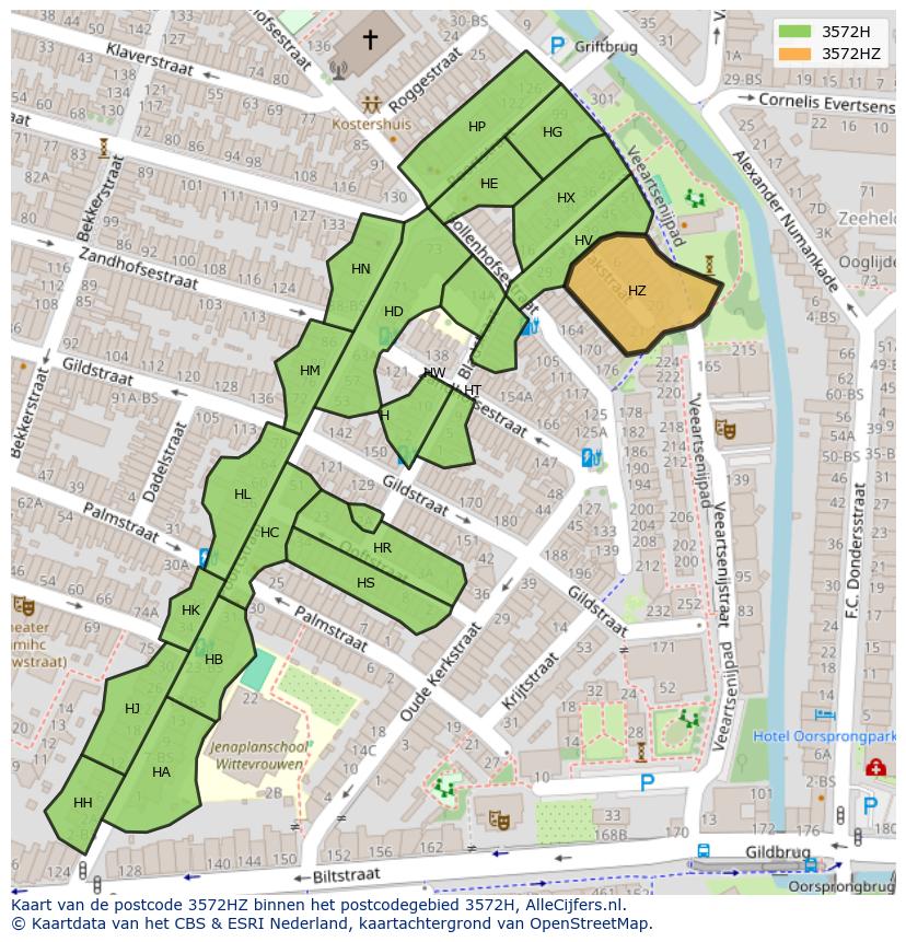 Afbeelding van het postcodegebied 3572 HZ op de kaart.
