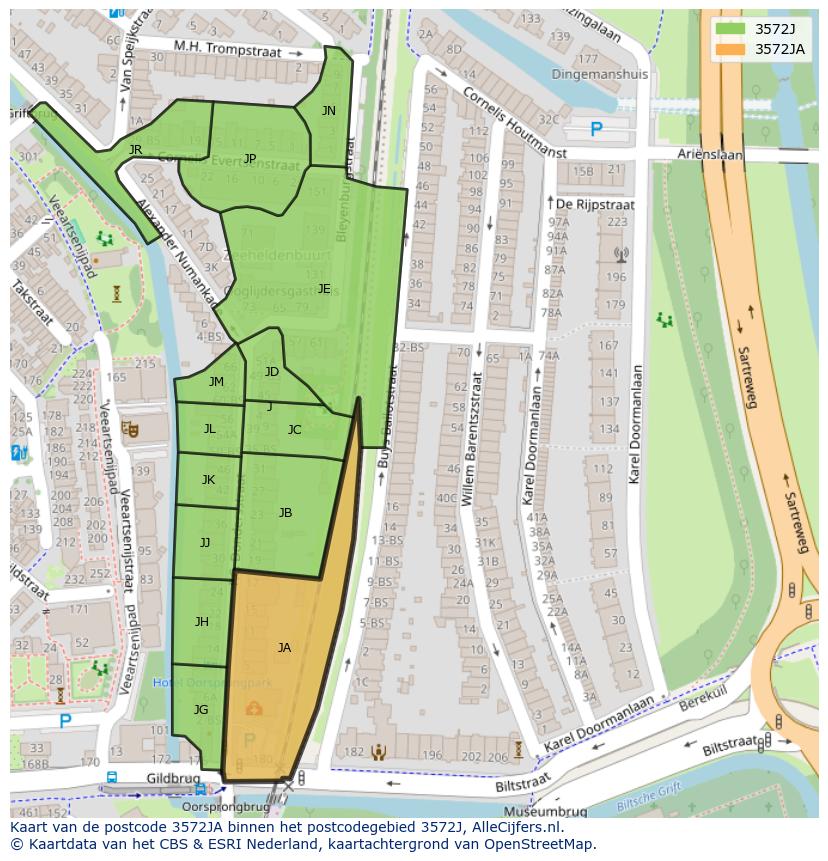 Afbeelding van het postcodegebied 3572 JA op de kaart.