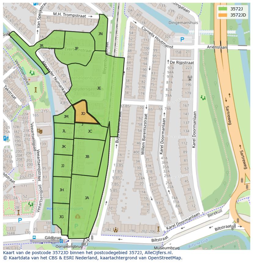 Afbeelding van het postcodegebied 3572 JD op de kaart.