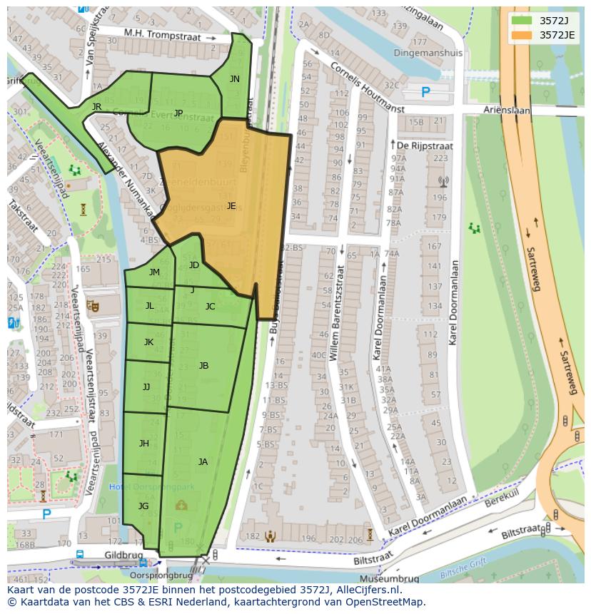 Afbeelding van het postcodegebied 3572 JE op de kaart.