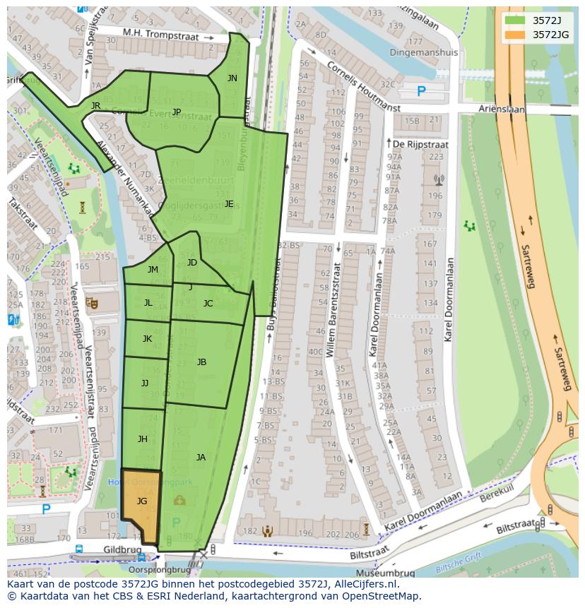 Afbeelding van het postcodegebied 3572 JG op de kaart.