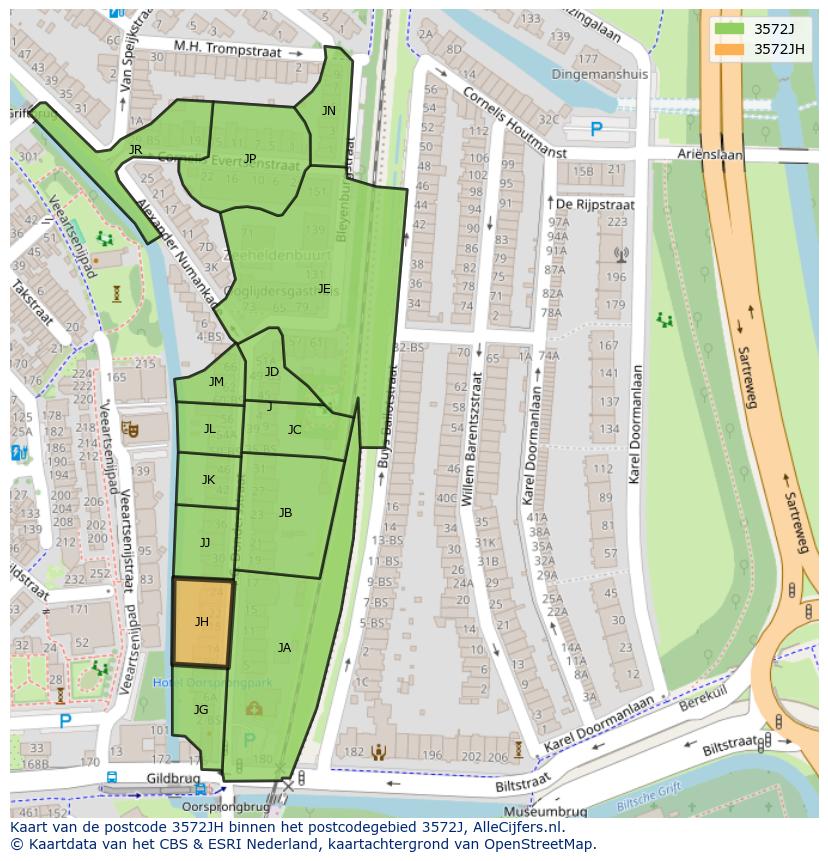 Afbeelding van het postcodegebied 3572 JH op de kaart.