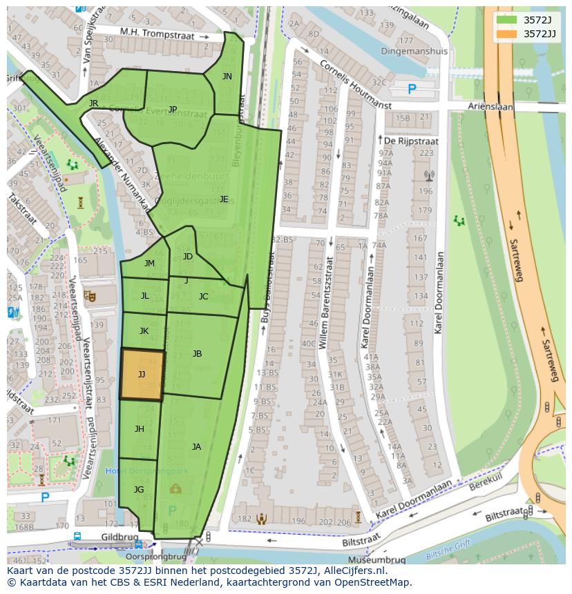 Afbeelding van het postcodegebied 3572 JJ op de kaart.