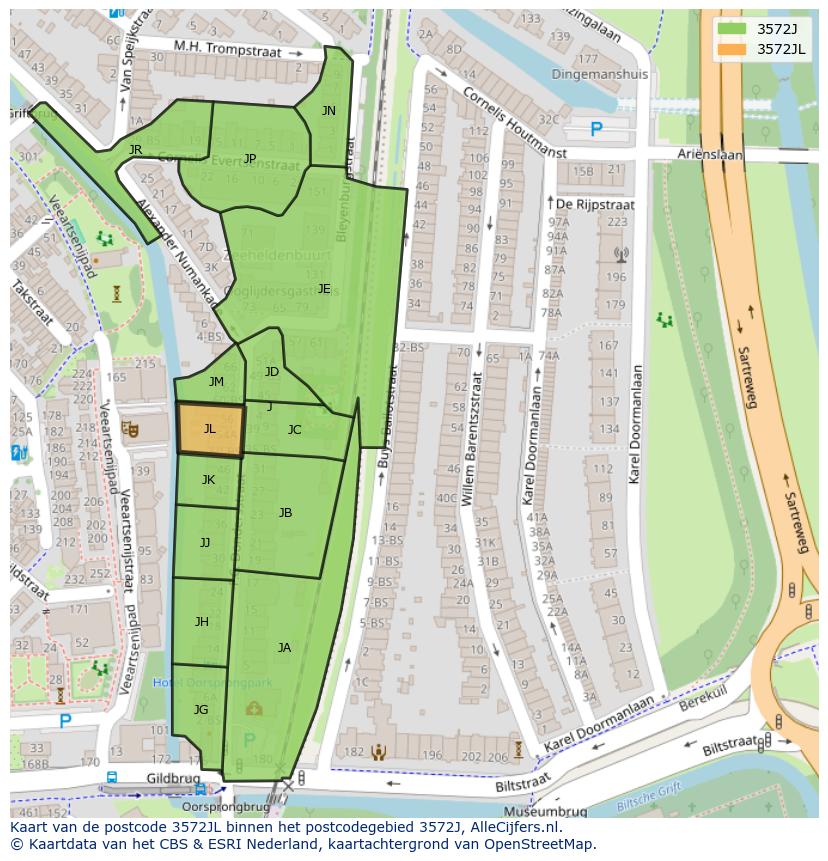 Afbeelding van het postcodegebied 3572 JL op de kaart.