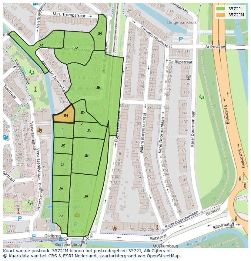 Afbeelding van het postcodegebied 3572 JM op de kaart.