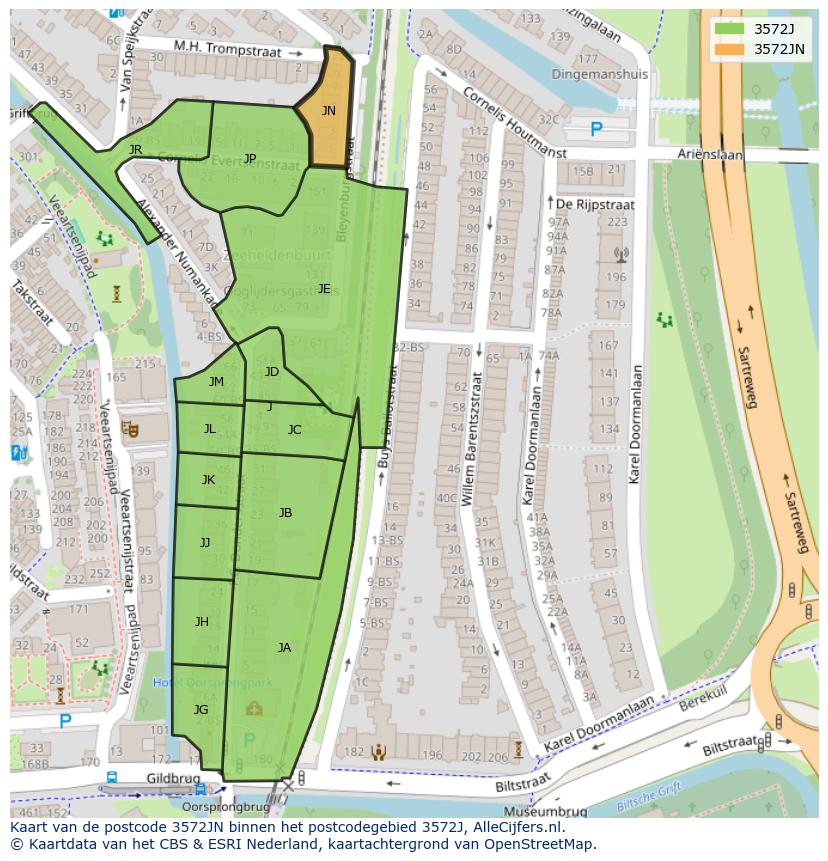 Afbeelding van het postcodegebied 3572 JN op de kaart.