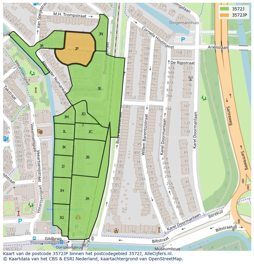 Afbeelding van het postcodegebied 3572 JP op de kaart.