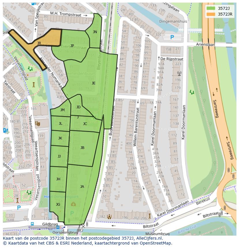 Afbeelding van het postcodegebied 3572 JR op de kaart.