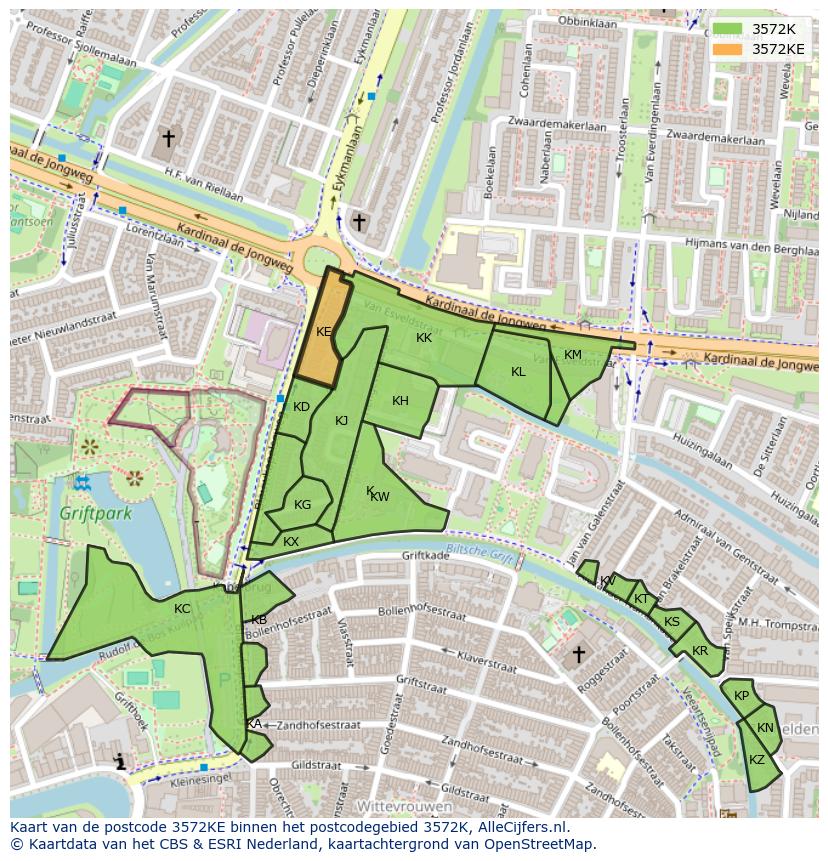 Afbeelding van het postcodegebied 3572 KE op de kaart.