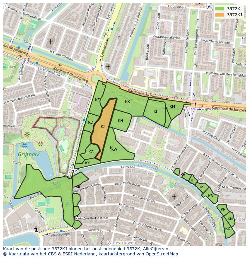 Afbeelding van het postcodegebied 3572 KJ op de kaart.