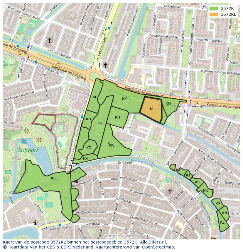 Afbeelding van het postcodegebied 3572 KL op de kaart.