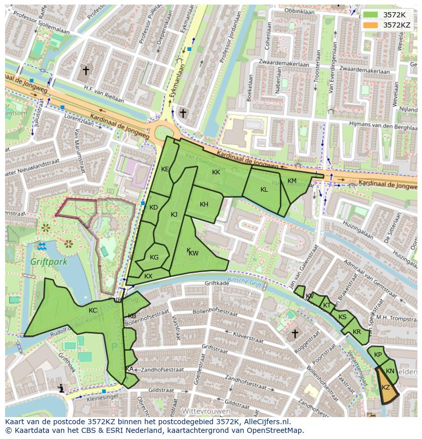 Afbeelding van het postcodegebied 3572 KZ op de kaart.
