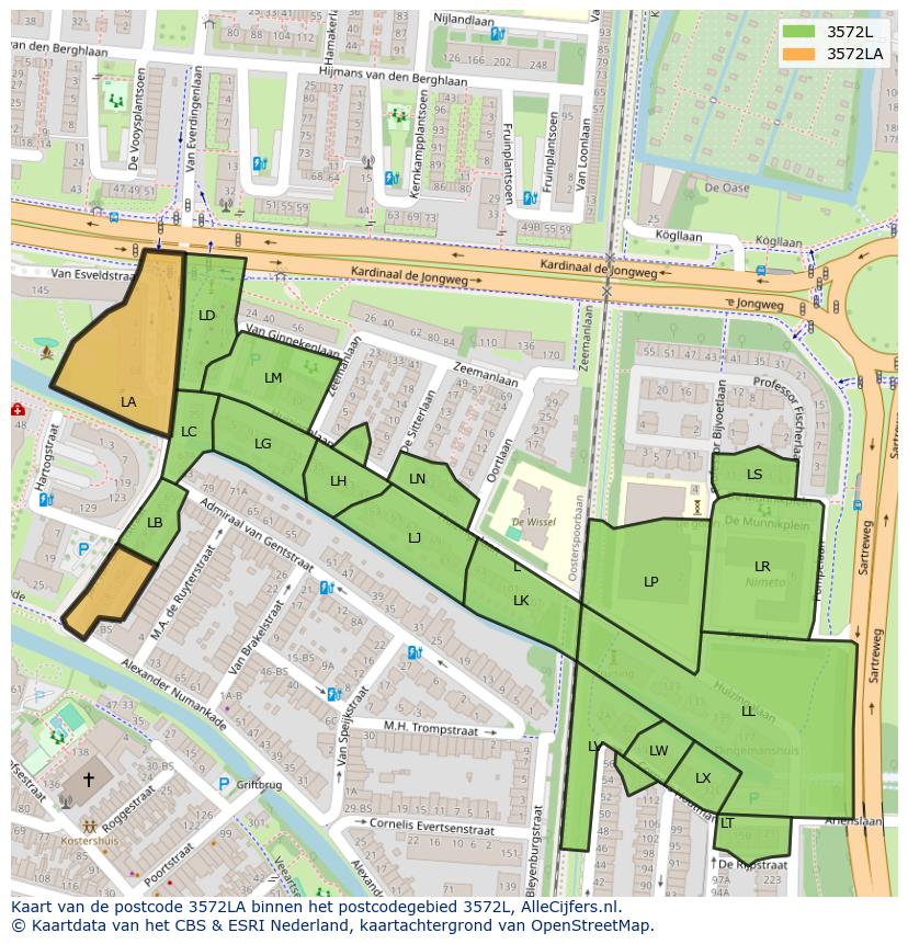 Afbeelding van het postcodegebied 3572 LA op de kaart.