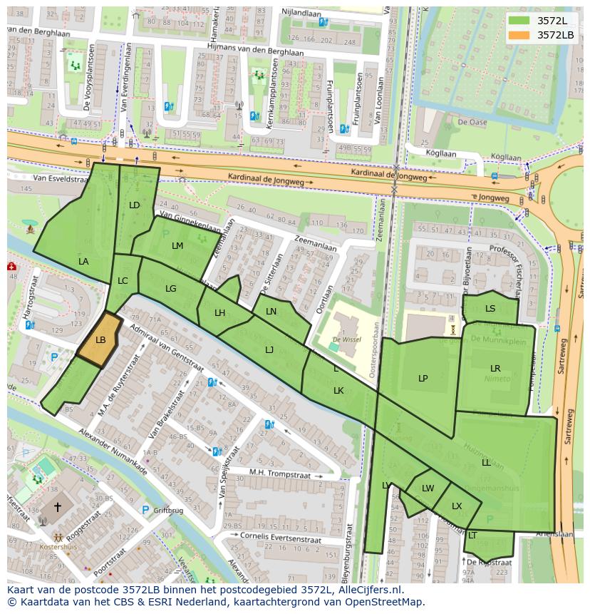Afbeelding van het postcodegebied 3572 LB op de kaart.