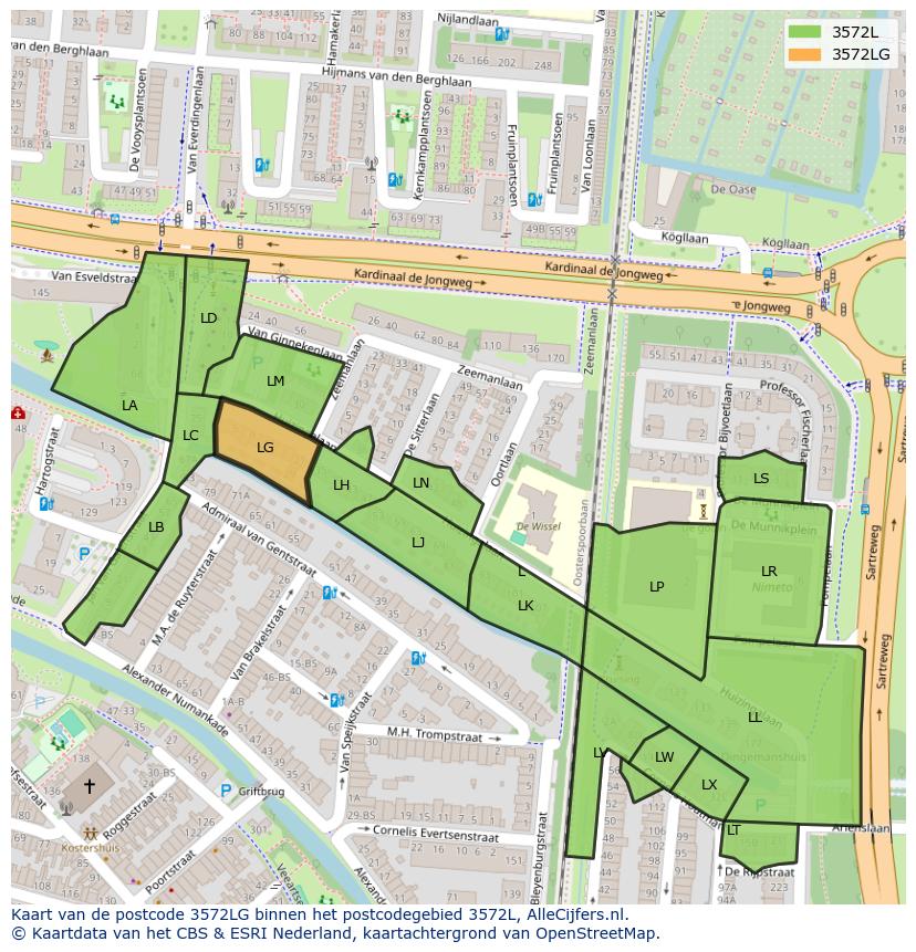 Afbeelding van het postcodegebied 3572 LG op de kaart.