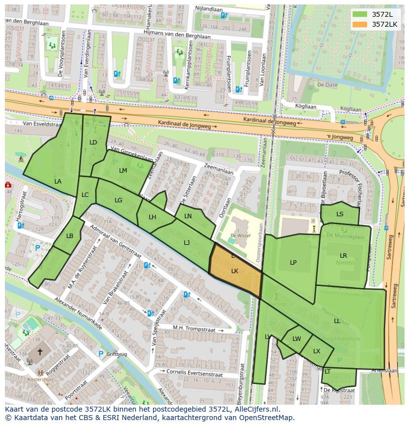 Afbeelding van het postcodegebied 3572 LK op de kaart.