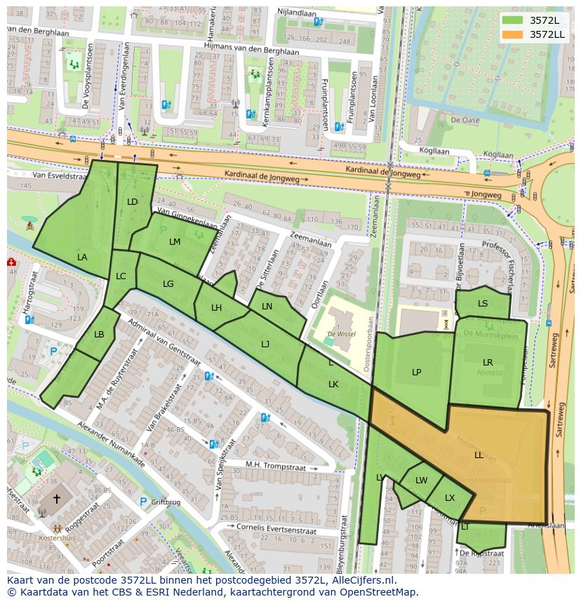 Afbeelding van het postcodegebied 3572 LL op de kaart.