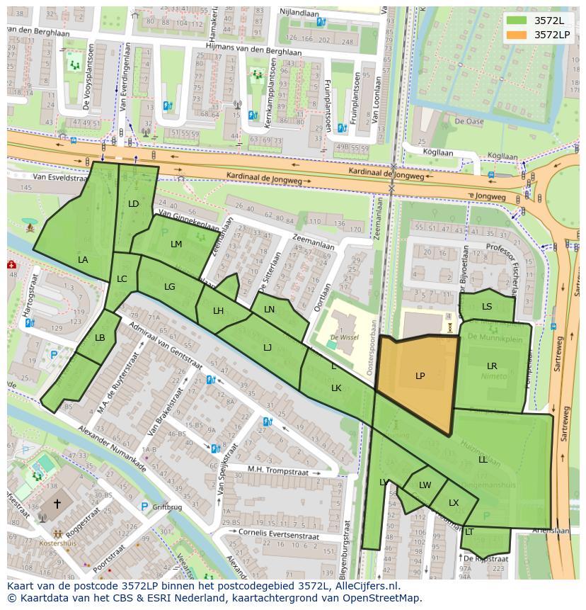 Afbeelding van het postcodegebied 3572 LP op de kaart.