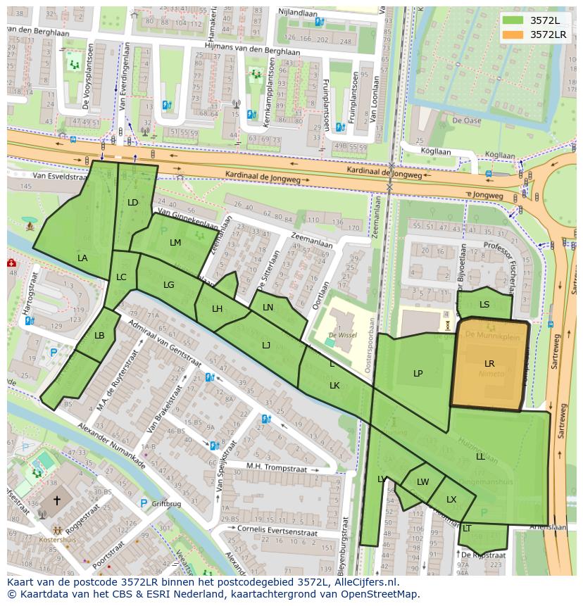 Afbeelding van het postcodegebied 3572 LR op de kaart.