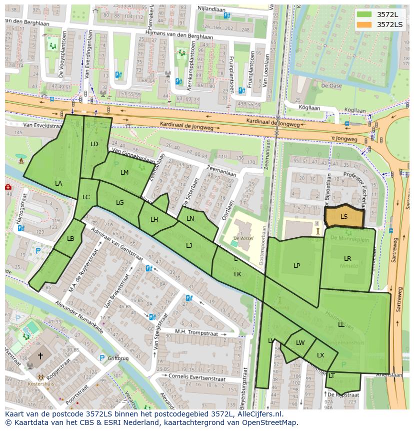 Afbeelding van het postcodegebied 3572 LS op de kaart.