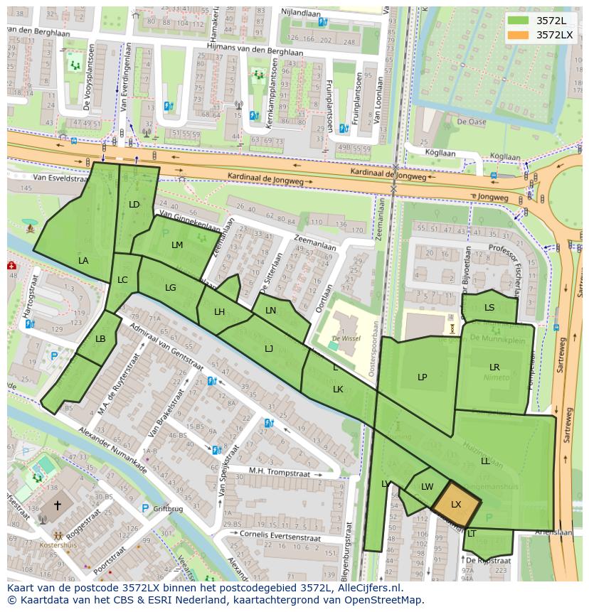 Afbeelding van het postcodegebied 3572 LX op de kaart.