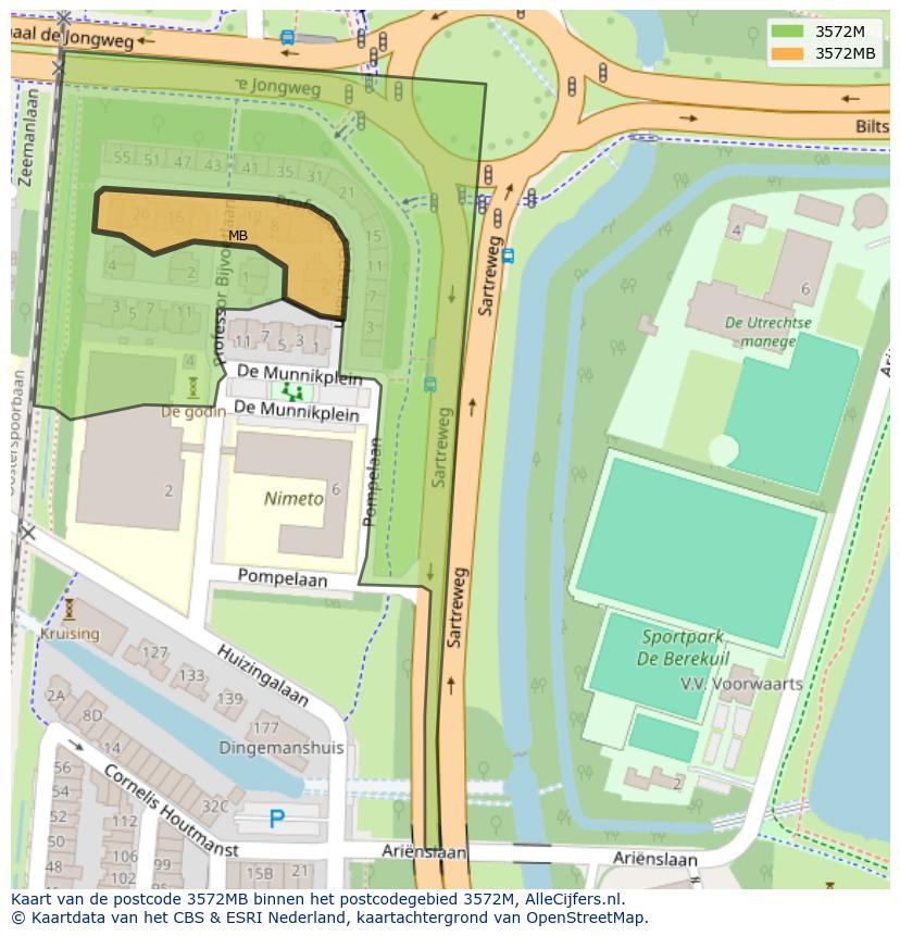 Afbeelding van het postcodegebied 3572 MB op de kaart.