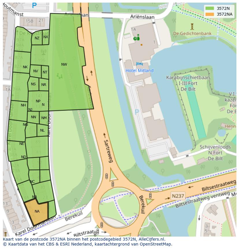 Afbeelding van het postcodegebied 3572 NA op de kaart.