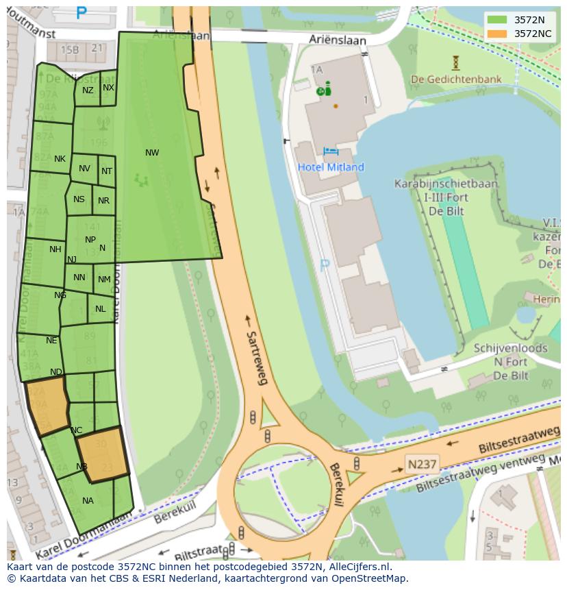 Afbeelding van het postcodegebied 3572 NC op de kaart.