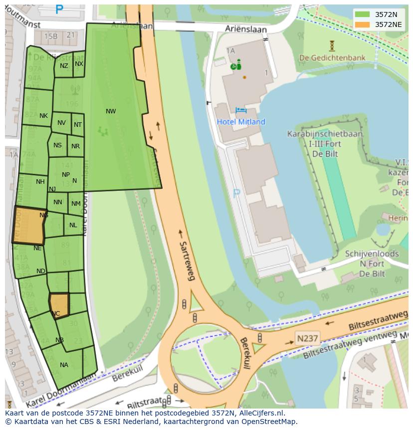 Afbeelding van het postcodegebied 3572 NE op de kaart.