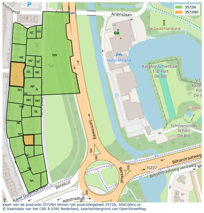 Afbeelding van het postcodegebied 3572 NH op de kaart.