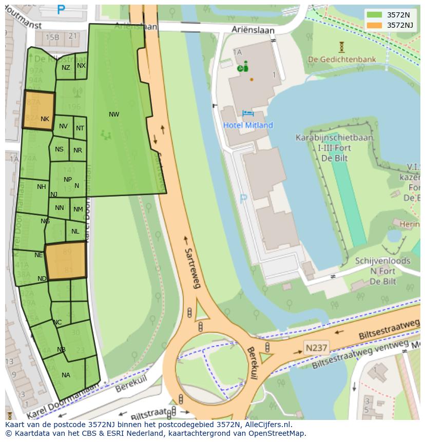 Afbeelding van het postcodegebied 3572 NJ op de kaart.