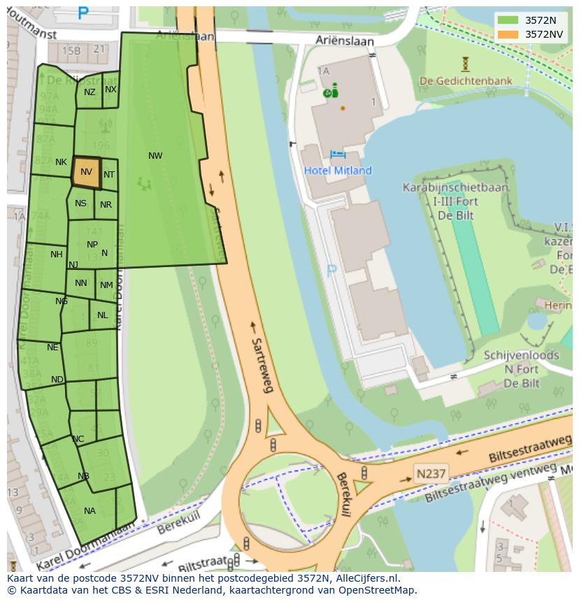 Afbeelding van het postcodegebied 3572 NV op de kaart.