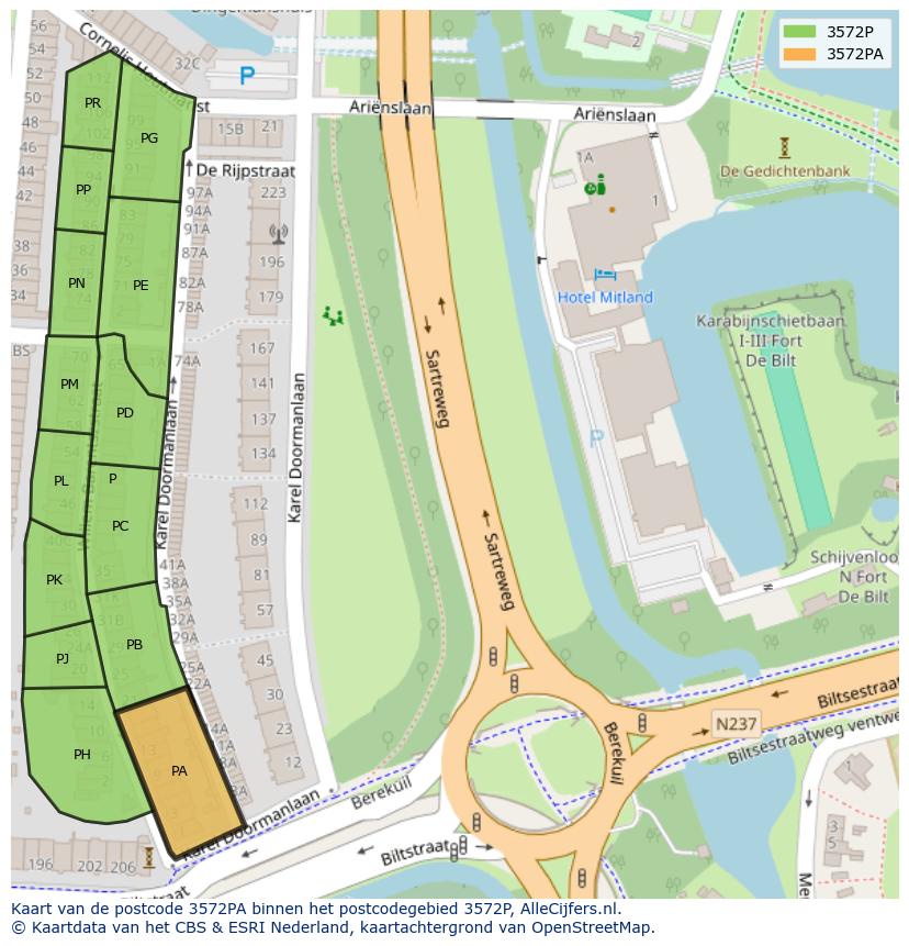 Afbeelding van het postcodegebied 3572 PA op de kaart.