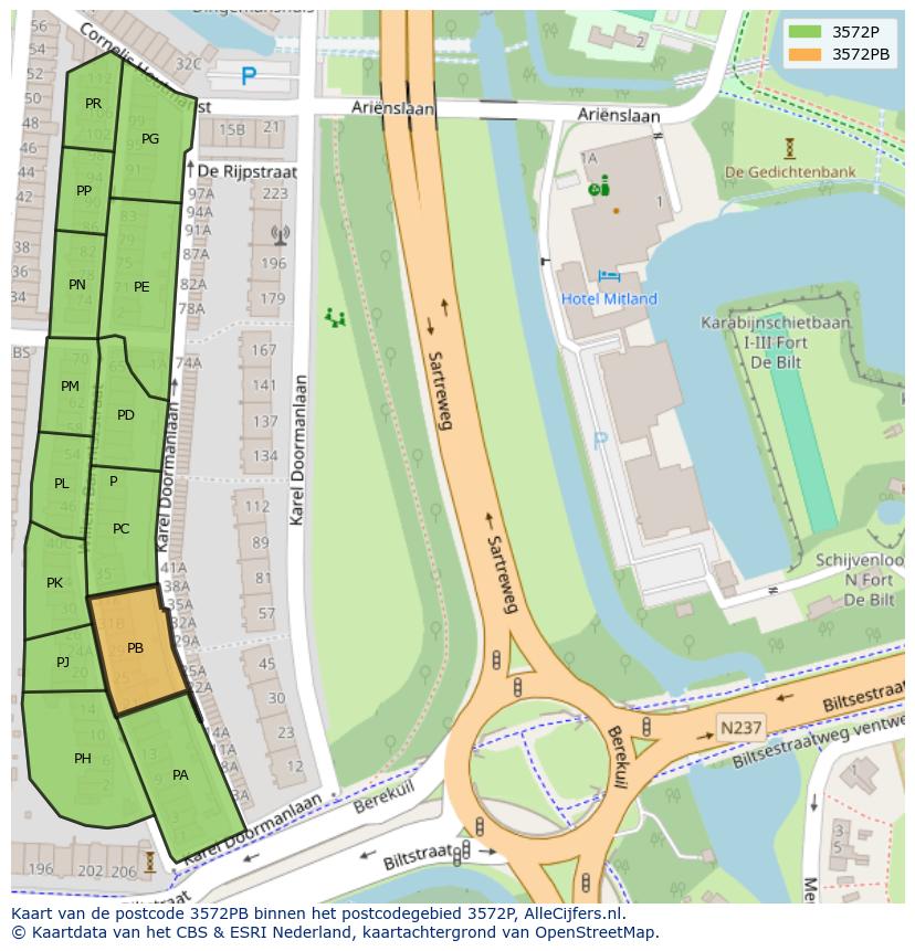 Afbeelding van het postcodegebied 3572 PB op de kaart.