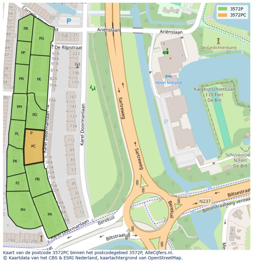 Afbeelding van het postcodegebied 3572 PC op de kaart.