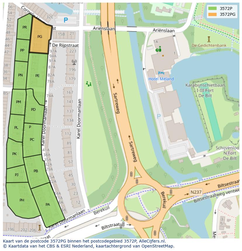 Afbeelding van het postcodegebied 3572 PG op de kaart.