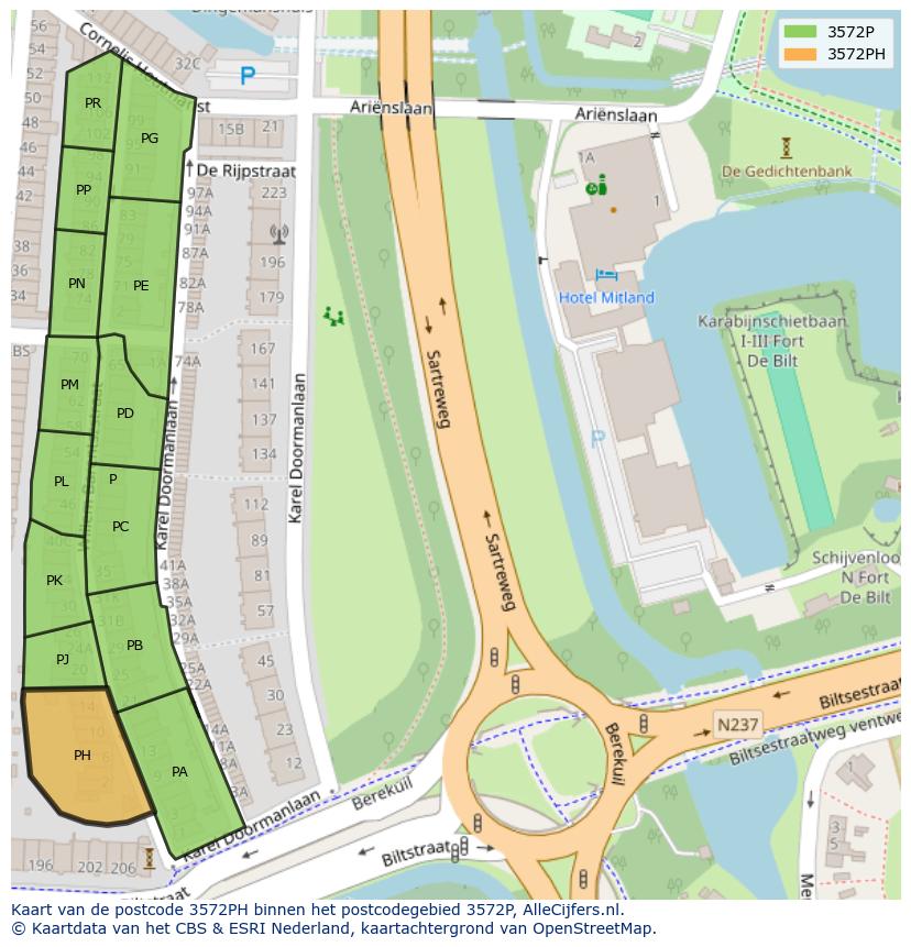 Afbeelding van het postcodegebied 3572 PH op de kaart.