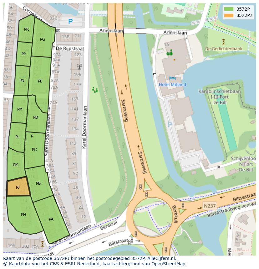 Afbeelding van het postcodegebied 3572 PJ op de kaart.