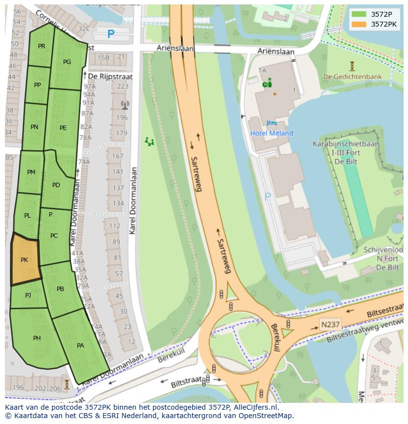 Afbeelding van het postcodegebied 3572 PK op de kaart.