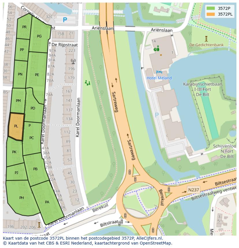 Afbeelding van het postcodegebied 3572 PL op de kaart.