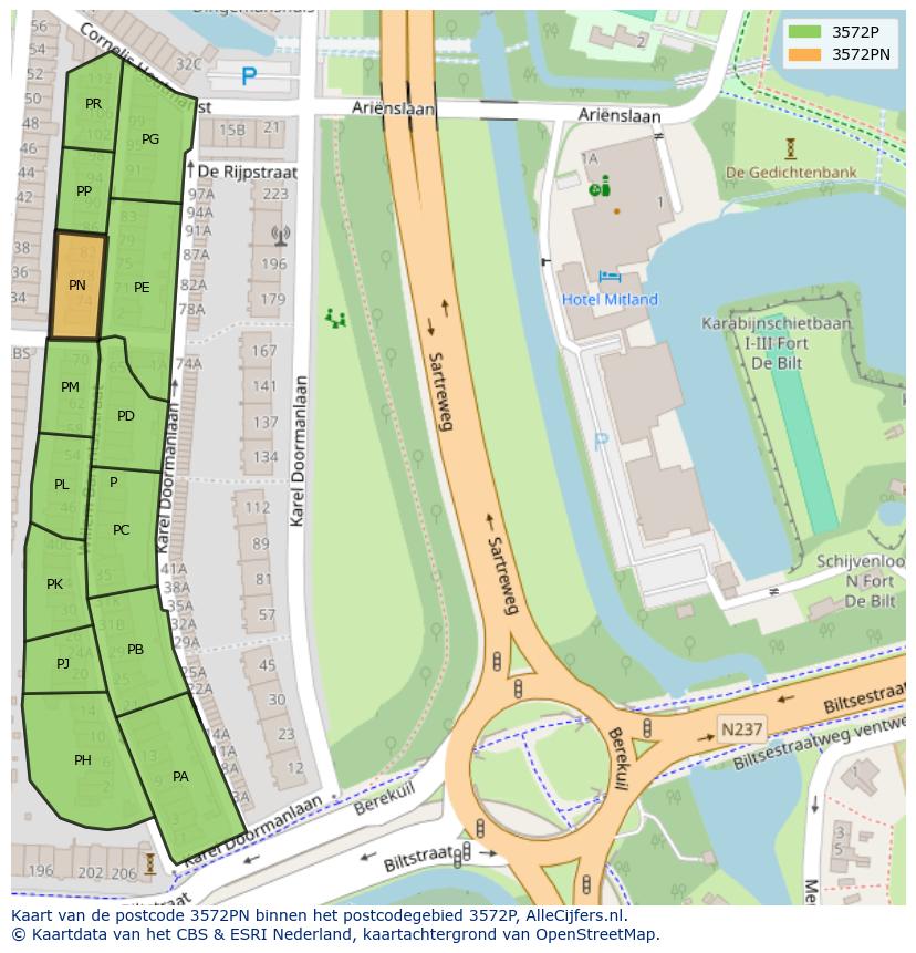 Afbeelding van het postcodegebied 3572 PN op de kaart.
