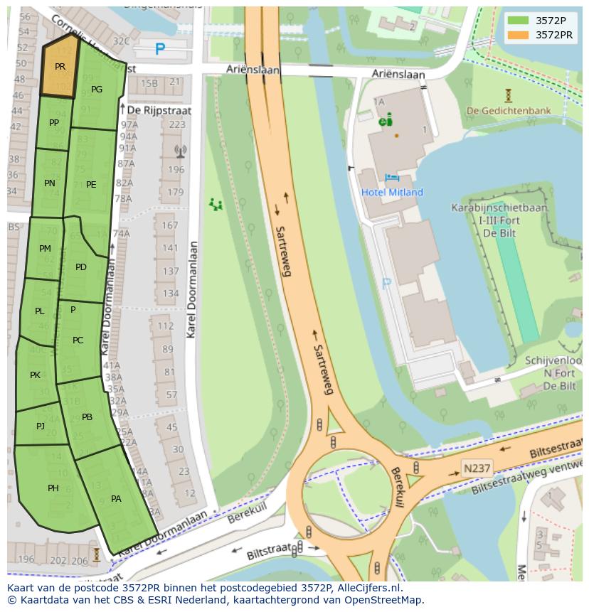 Afbeelding van het postcodegebied 3572 PR op de kaart.