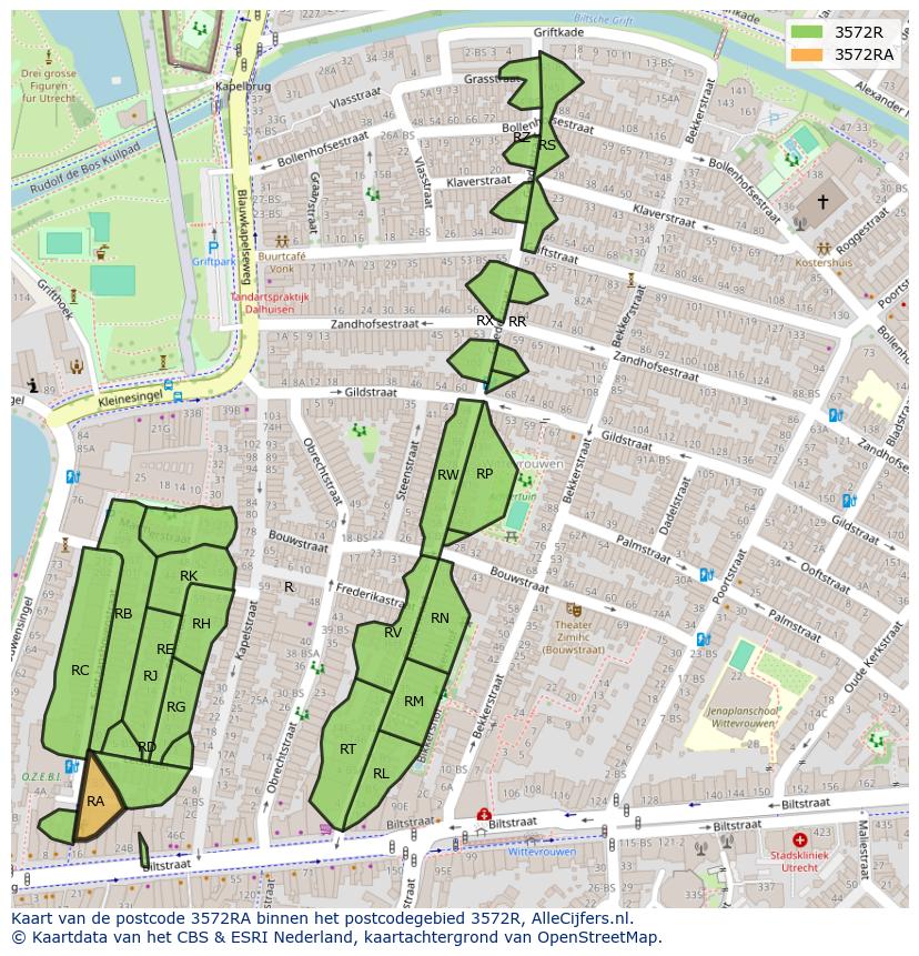 Afbeelding van het postcodegebied 3572 RA op de kaart.