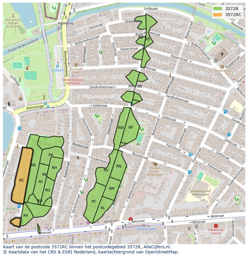 Afbeelding van het postcodegebied 3572 RC op de kaart.