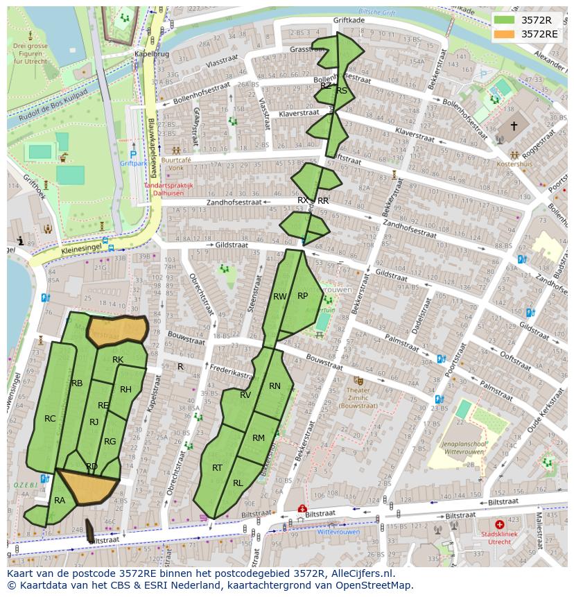 Afbeelding van het postcodegebied 3572 RE op de kaart.