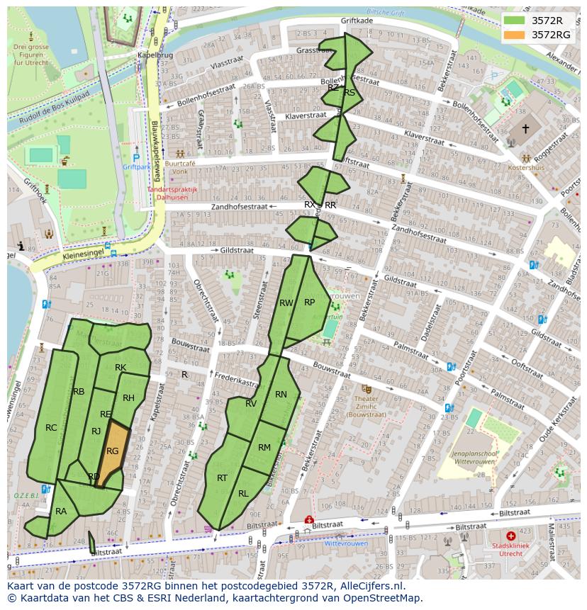 Afbeelding van het postcodegebied 3572 RG op de kaart.
